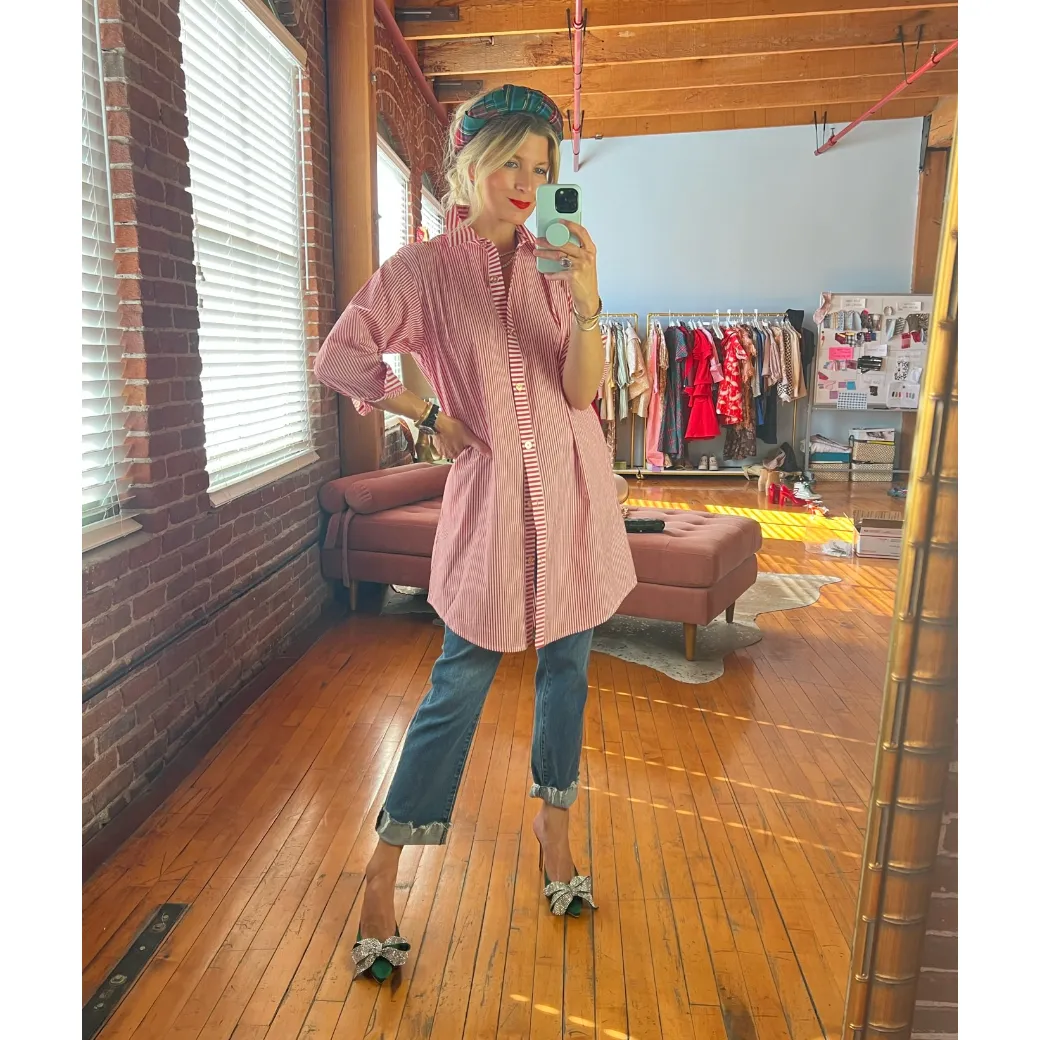 Slim Fit Boyfriend Shirtdress - Red Stripe