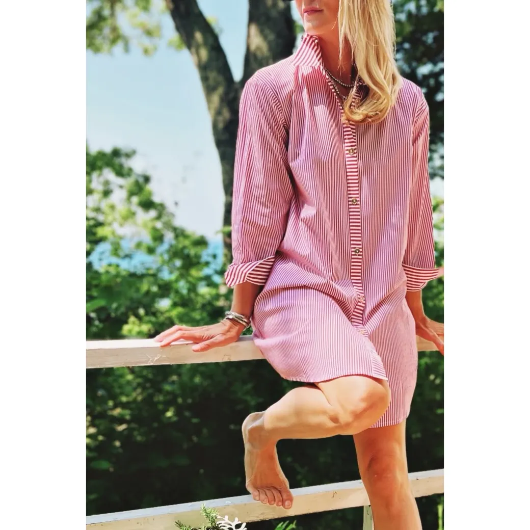 Slim Fit Boyfriend Shirtdress - Red Stripe