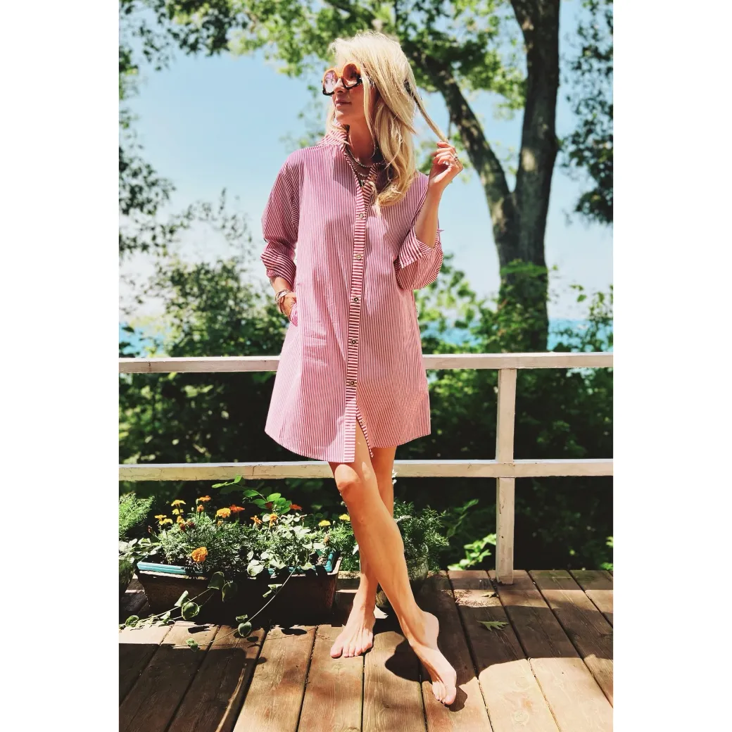 Slim Fit Boyfriend Shirtdress - Red Stripe