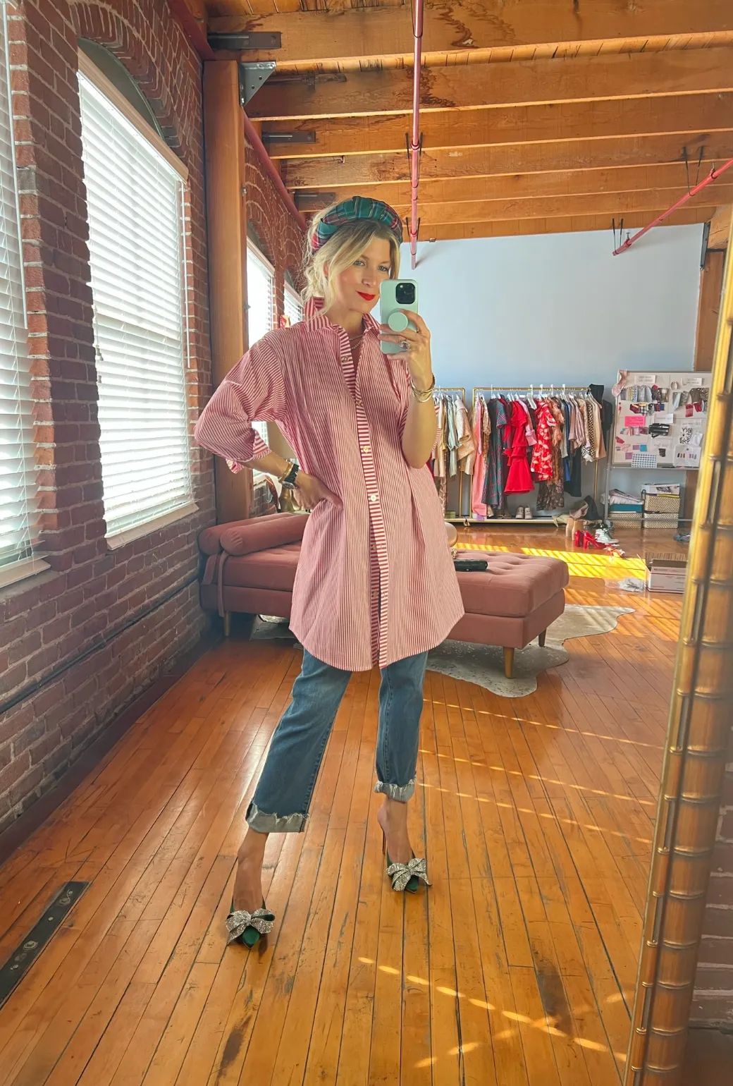 Slim Fit Boyfriend Shirtdress - Red Stripe