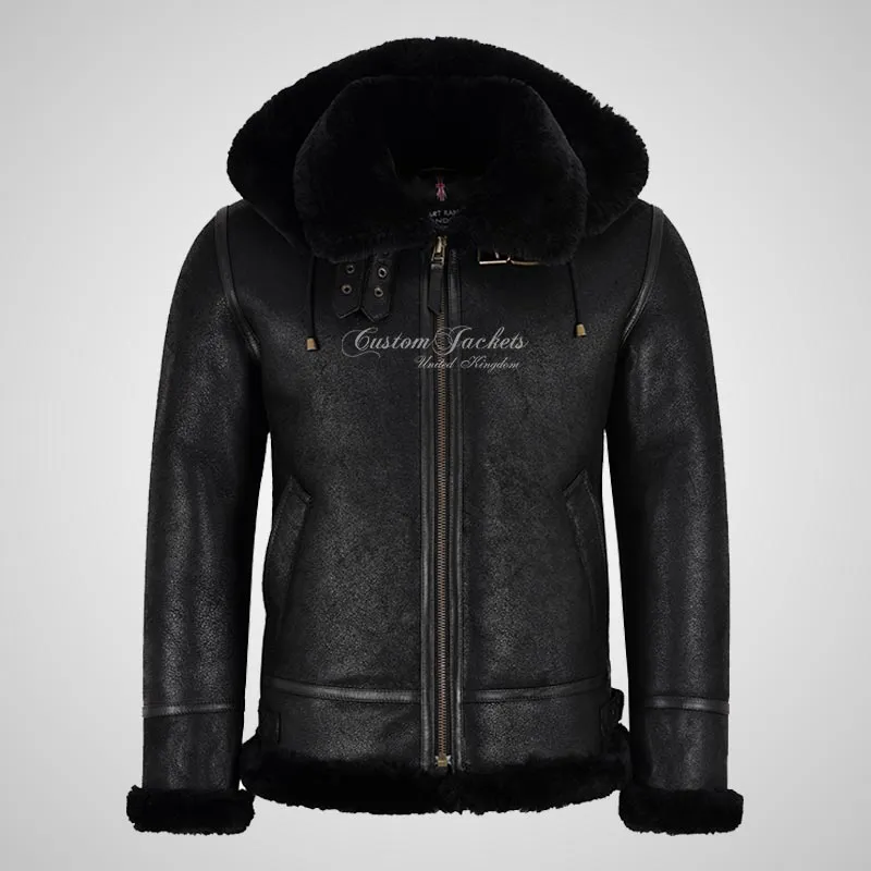 SQUALL Mens B-3 Hooded Sheepskin Bomber Jacket Black