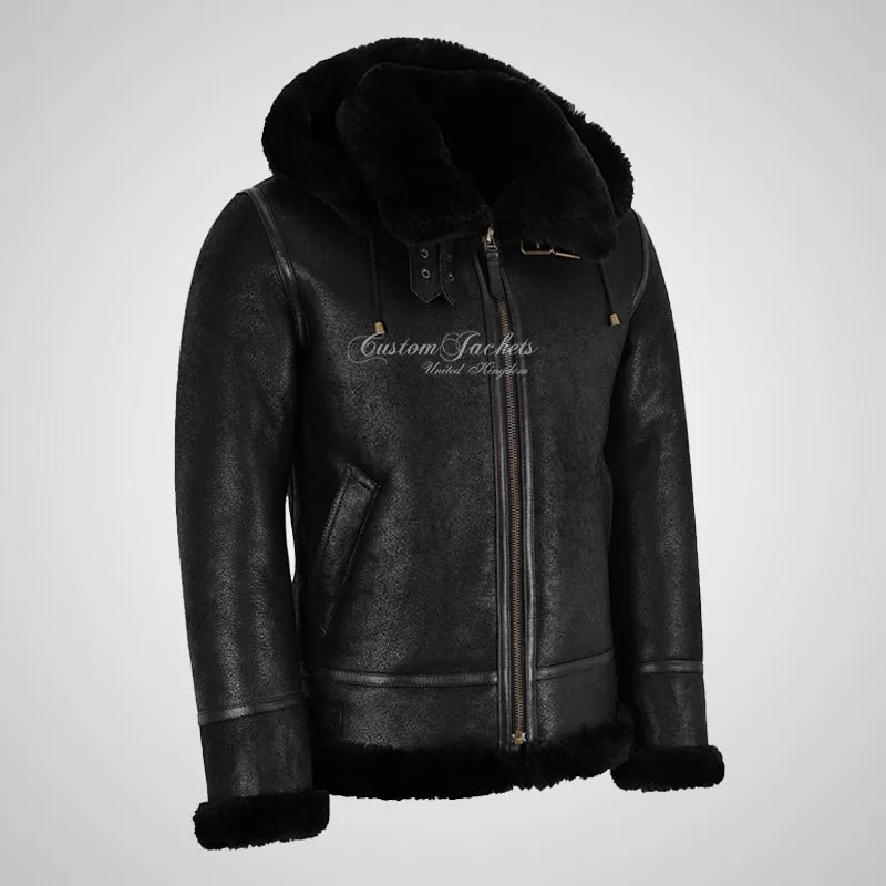SQUALL Mens B-3 Hooded Sheepskin Bomber Jacket Black