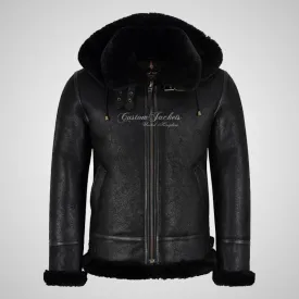 SQUALL Mens B-3 Hooded Sheepskin Bomber Jacket Black
