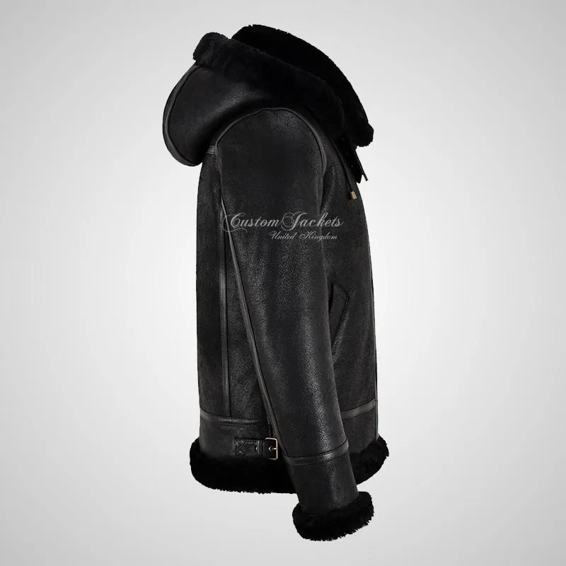 SQUALL Mens B-3 Hooded Sheepskin Bomber Jacket Black