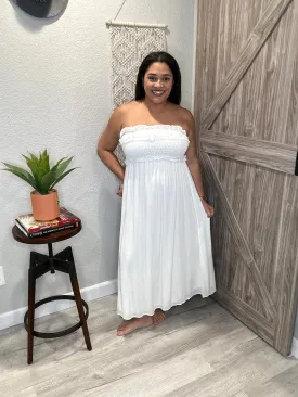 Strapless Smocked Top Off White Midi Dress