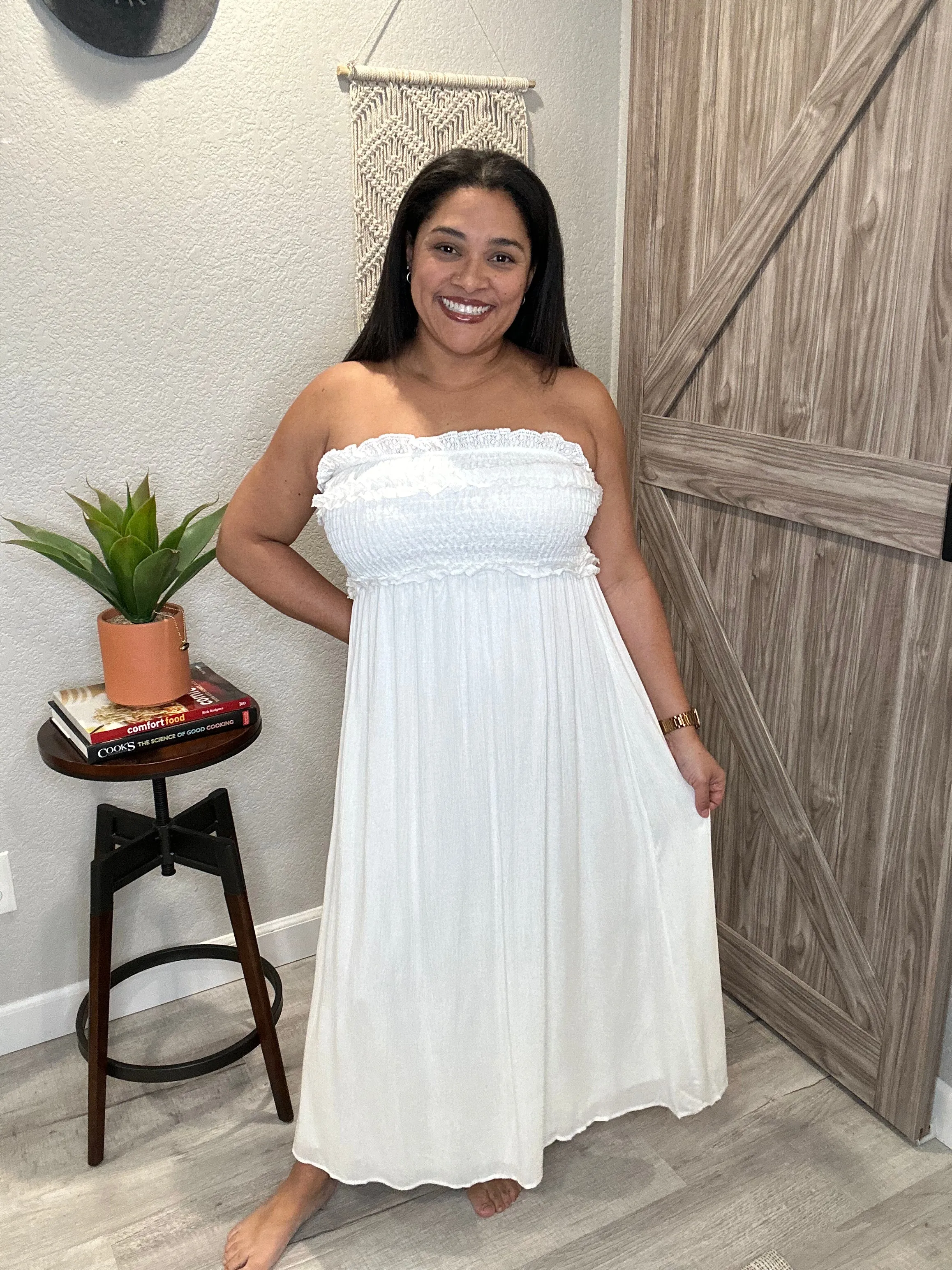 Strapless Smocked Top Off White Midi Dress