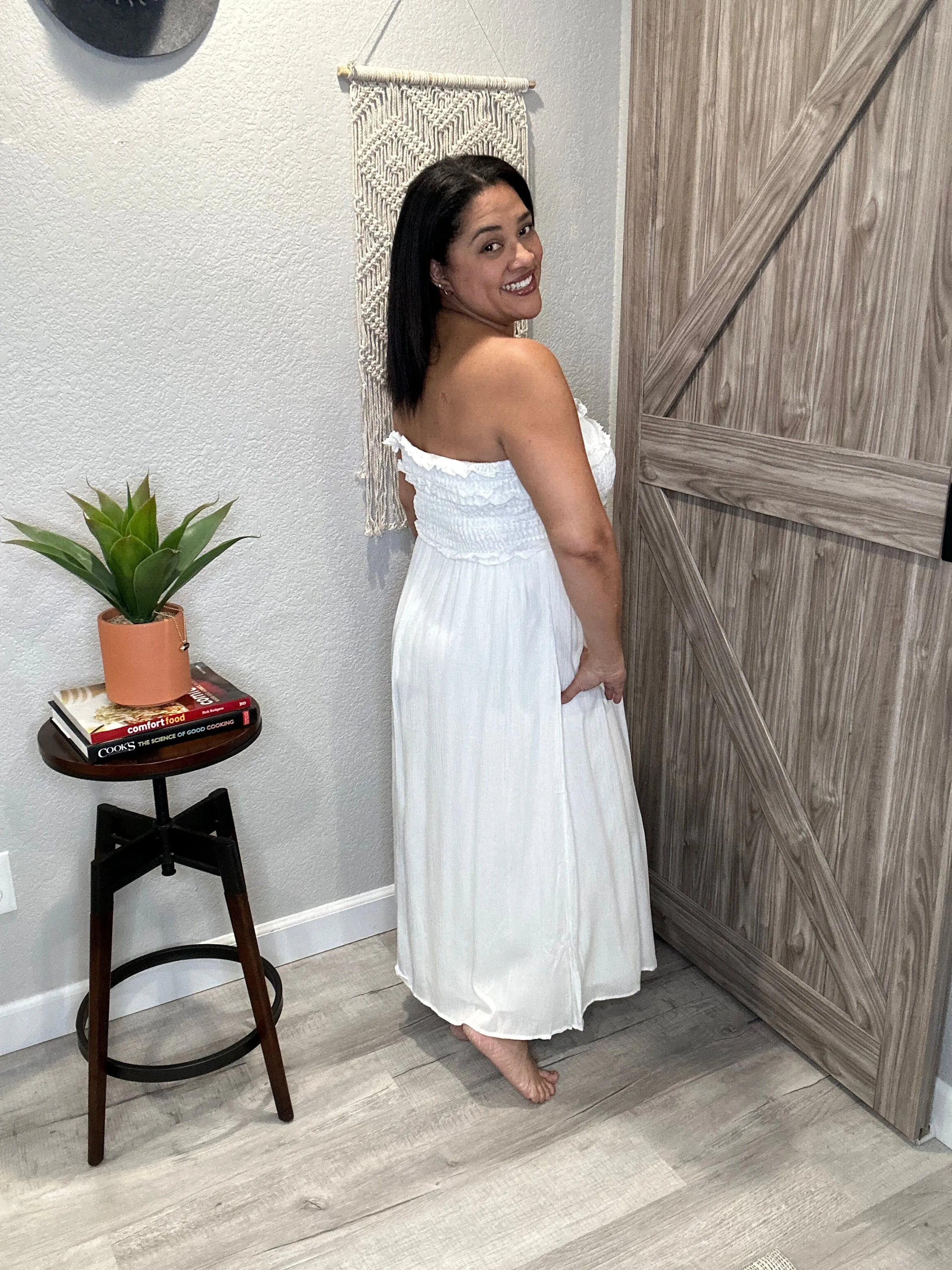 Strapless Smocked Top Off White Midi Dress
