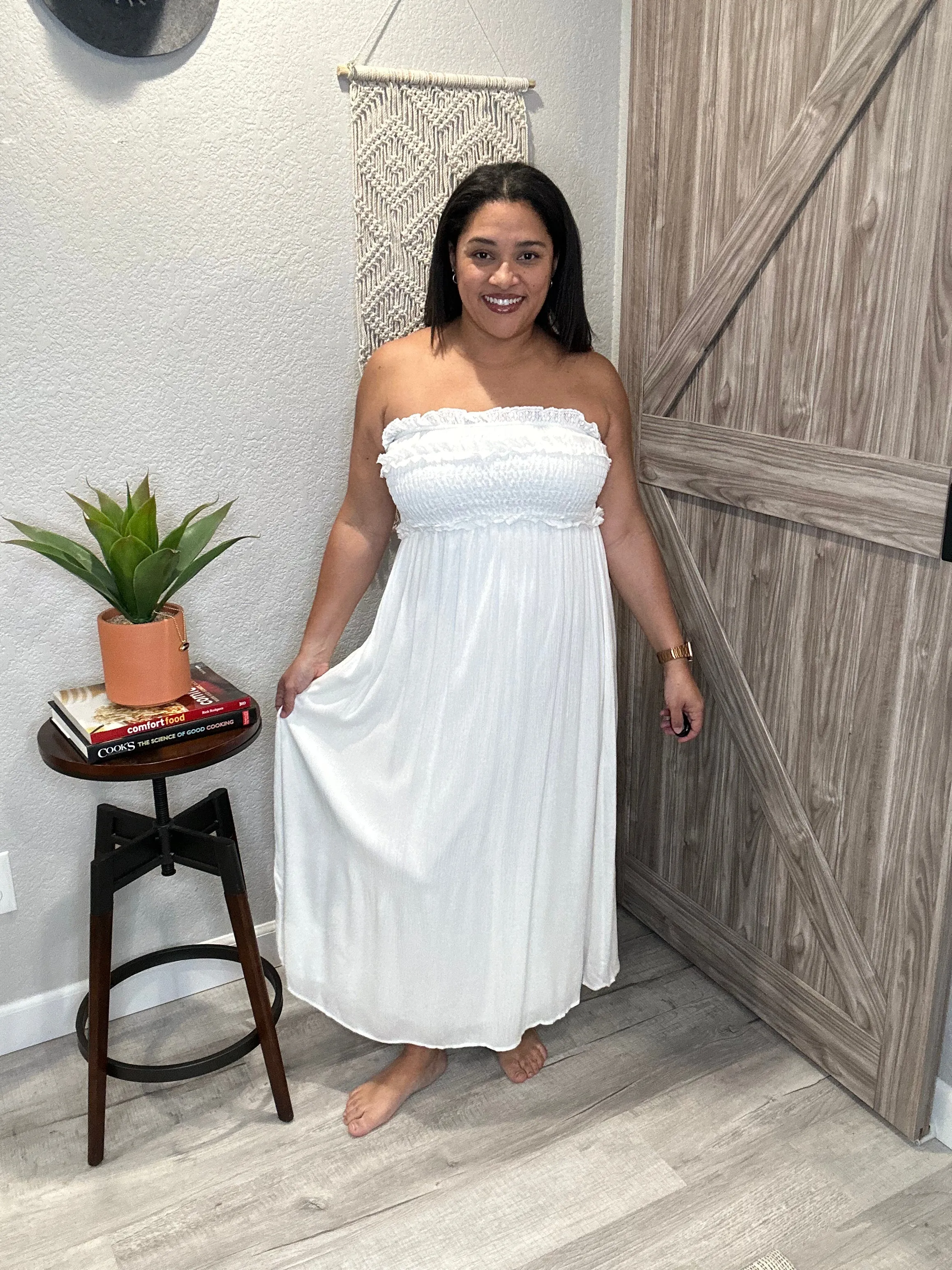 Strapless Smocked Top Off White Midi Dress