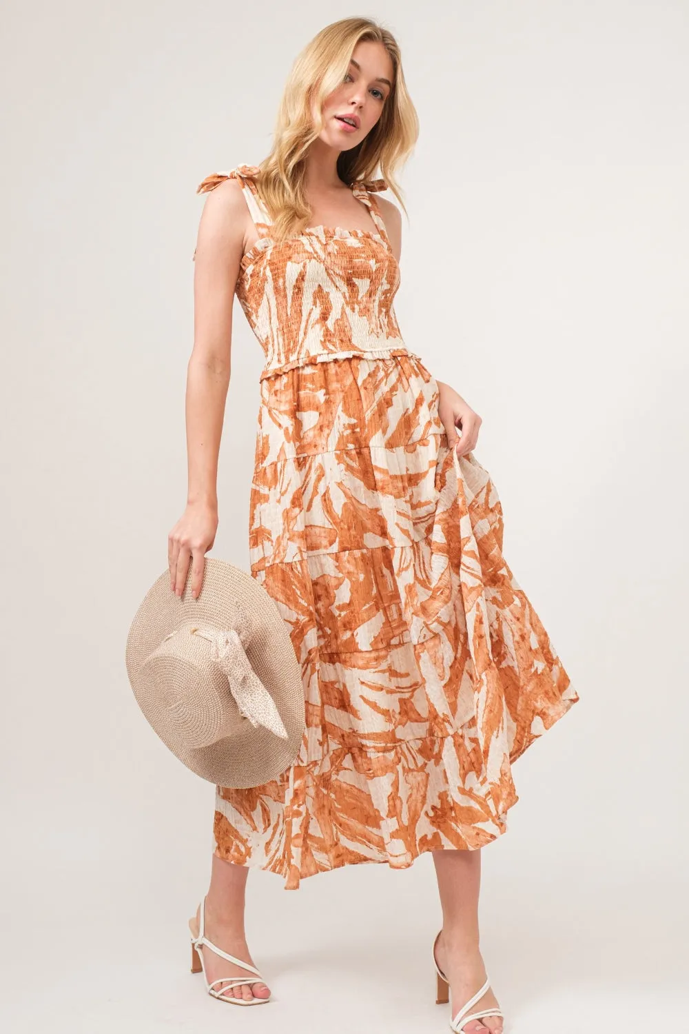 Sunday Stroll Tie Shoulder Smocked Midi Dress