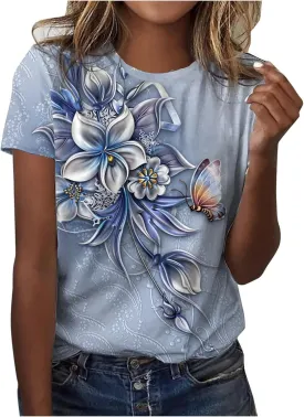 Tops for Women Trendy Casual Round Neck Short Sleeve Top Floral Print Tees Vintage Shirt Loose Lightweight Blouses