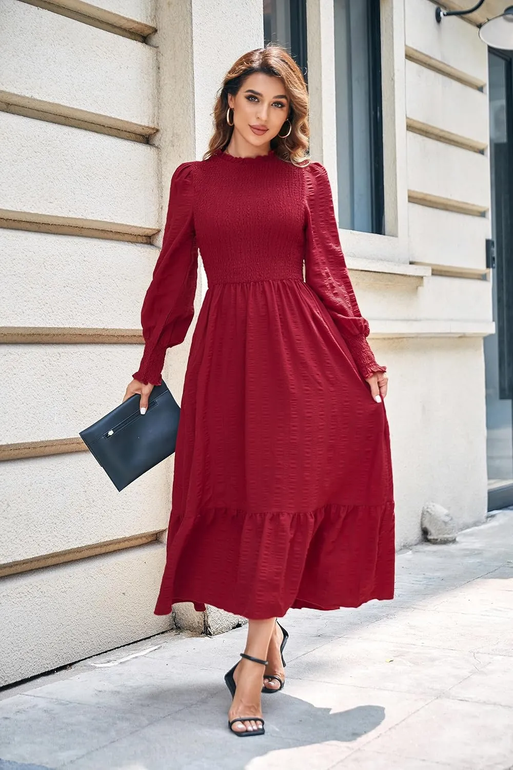 VintageClothing Women's 2023 Casual Fall Midi Dresses Long Sleeve Crew Neck Smocked Flowy Tiered Long Dress with Pockets