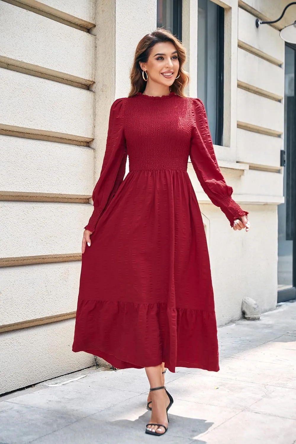 VintageClothing Women's 2023 Casual Fall Midi Dresses Long Sleeve Crew Neck Smocked Flowy Tiered Long Dress with Pockets