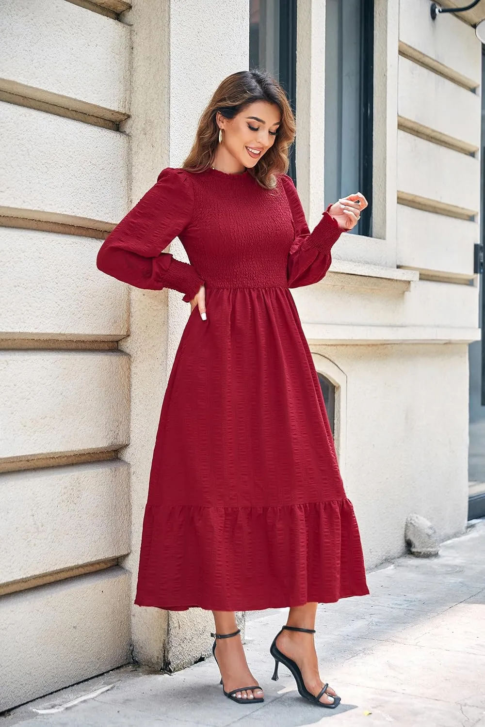VintageClothing Women's 2023 Casual Fall Midi Dresses Long Sleeve Crew Neck Smocked Flowy Tiered Long Dress with Pockets