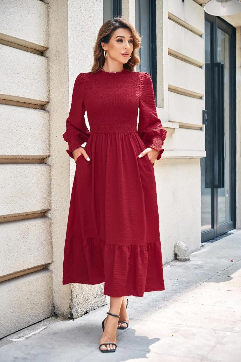 VintageClothing Women's 2023 Casual Fall Midi Dresses Long Sleeve Crew Neck Smocked Flowy Tiered Long Dress with Pockets