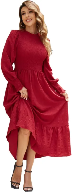 VintageClothing Women's 2023 Casual Fall Midi Dresses Long Sleeve Crew Neck Smocked Flowy Tiered Long Dress with Pockets
