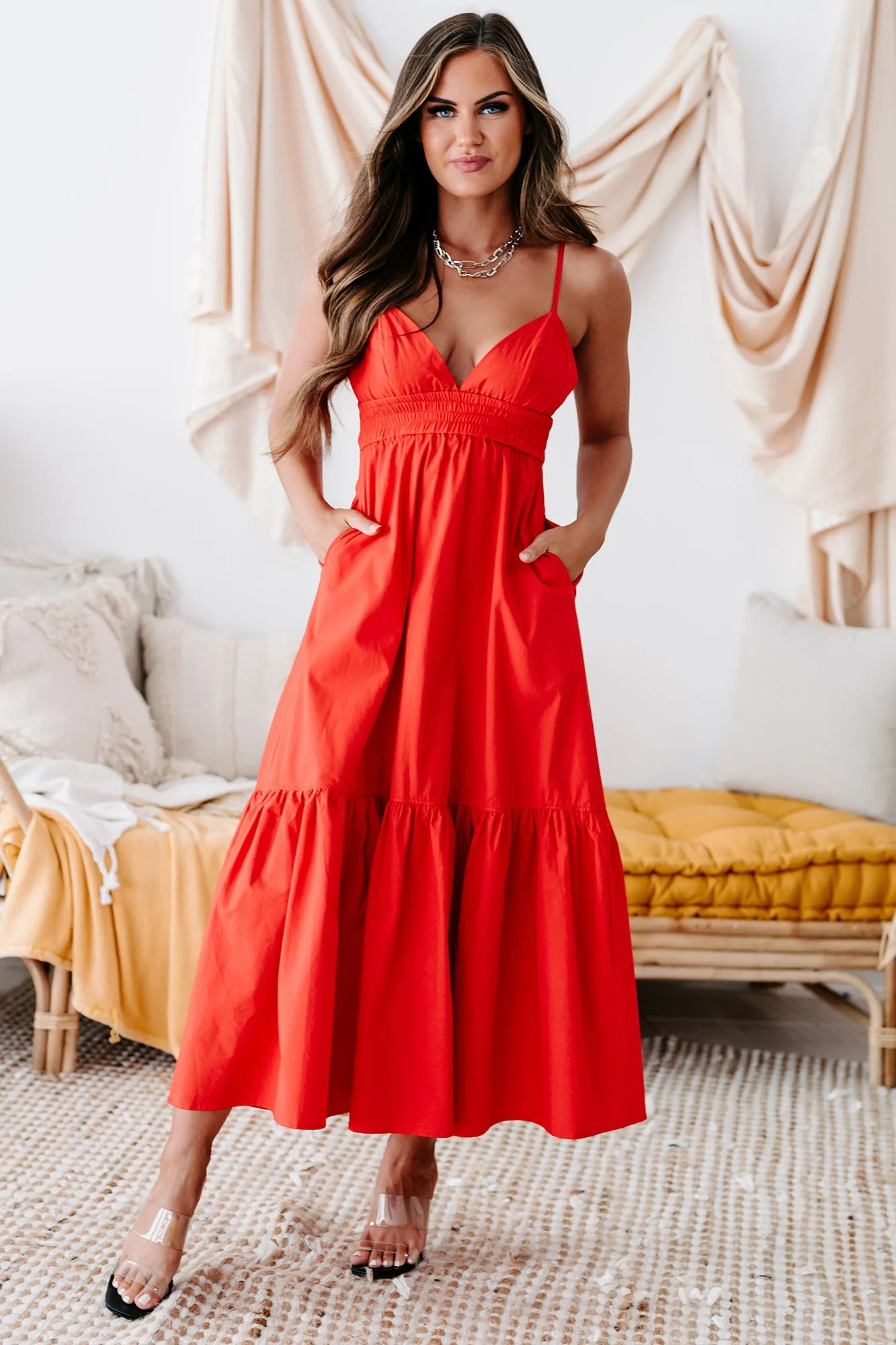 Visions Of Elegance Smocked Waist Cotton Midi Dress (Scarlet)