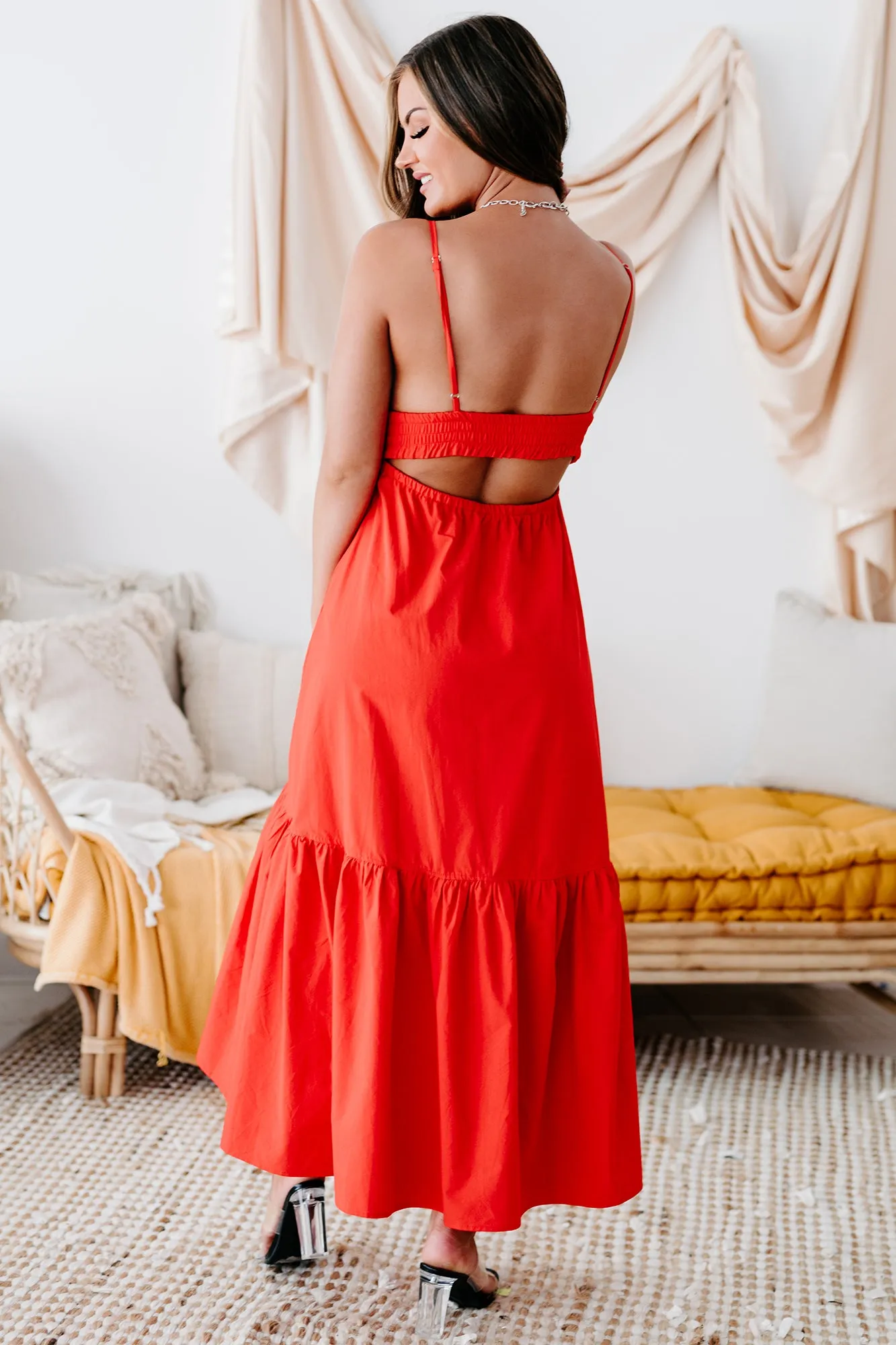 Visions Of Elegance Smocked Waist Cotton Midi Dress (Scarlet)