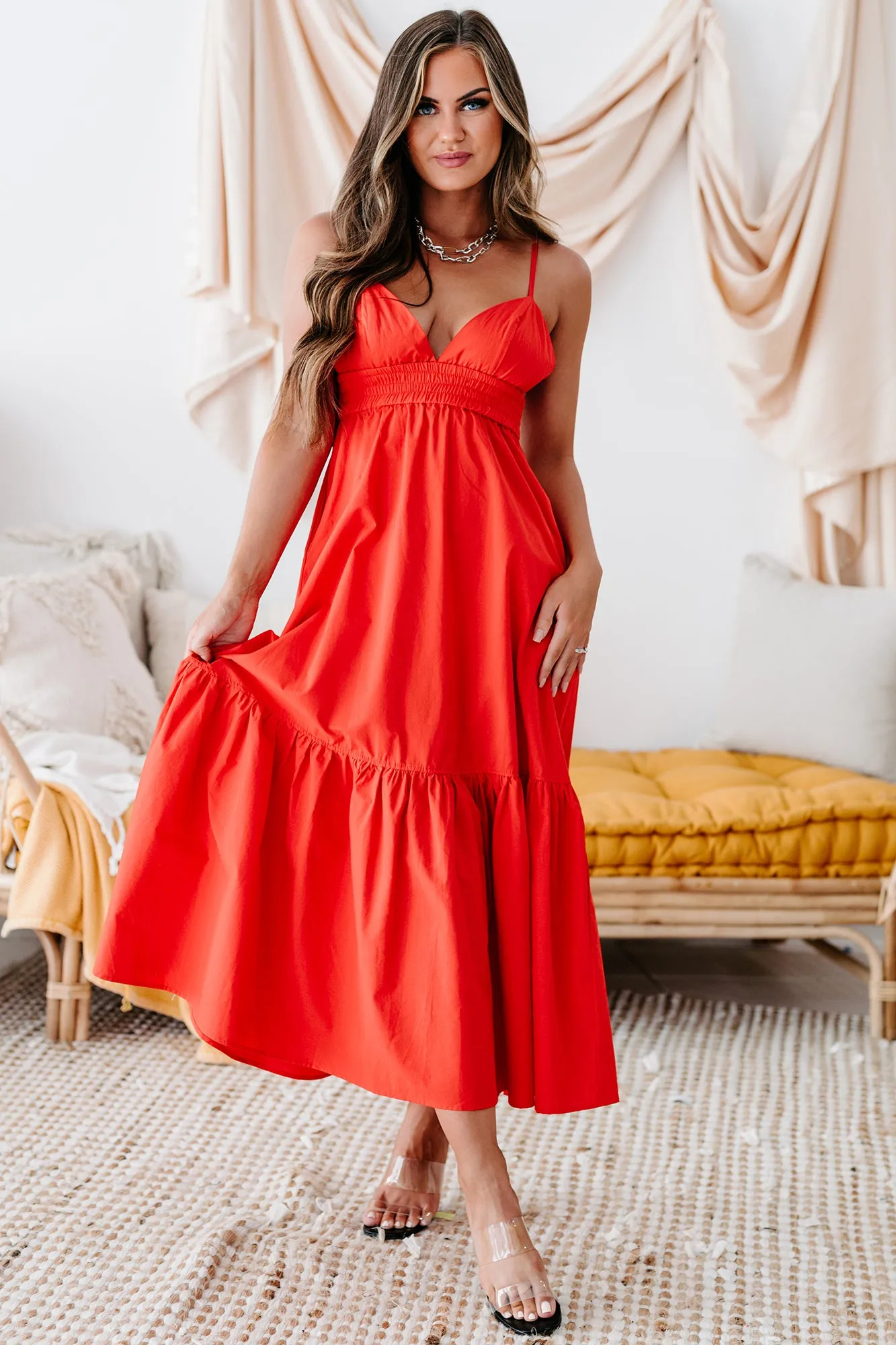 Visions Of Elegance Smocked Waist Cotton Midi Dress (Scarlet)