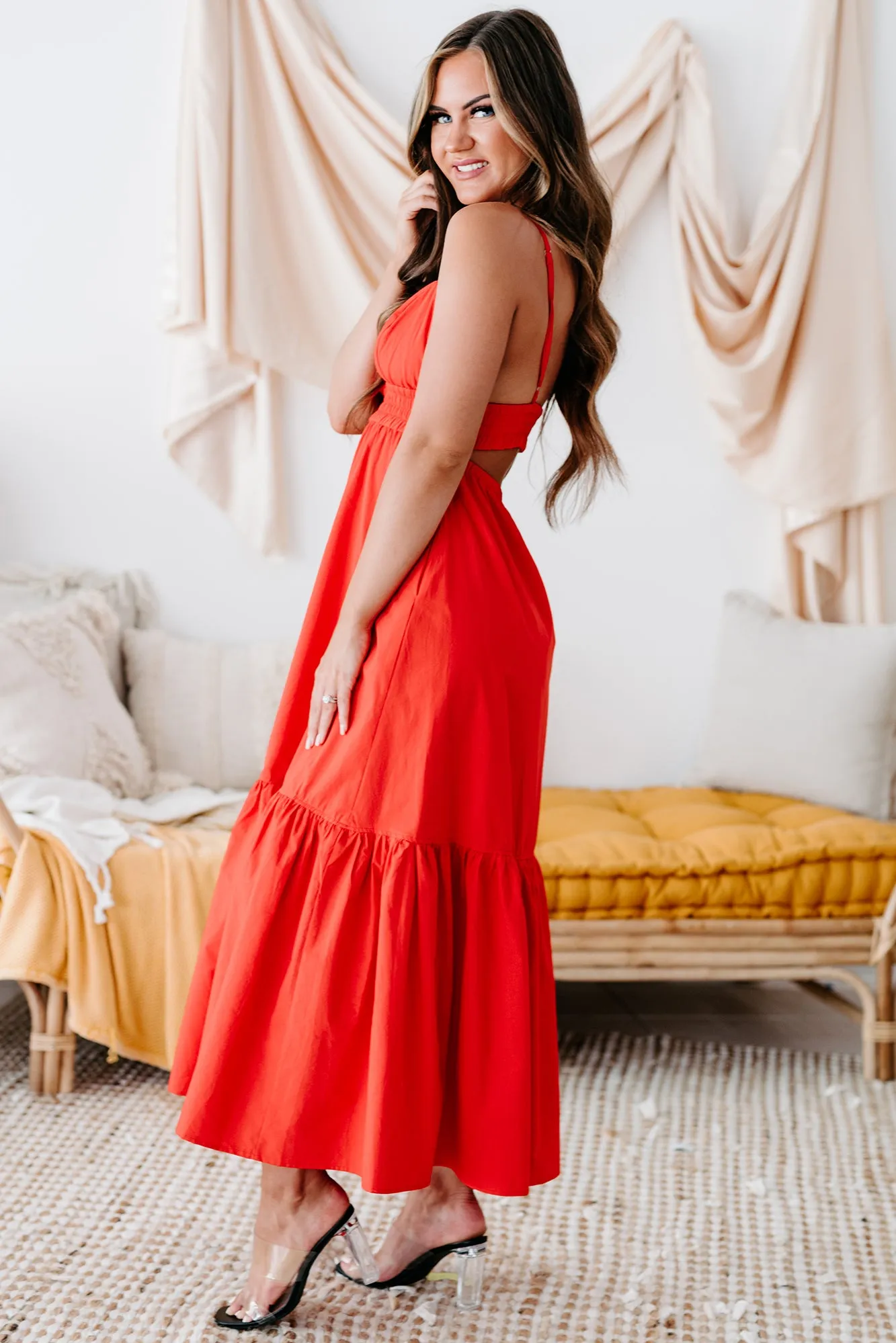 Visions Of Elegance Smocked Waist Cotton Midi Dress (Scarlet)