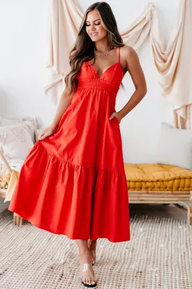 Visions Of Elegance Smocked Waist Cotton Midi Dress (Scarlet)