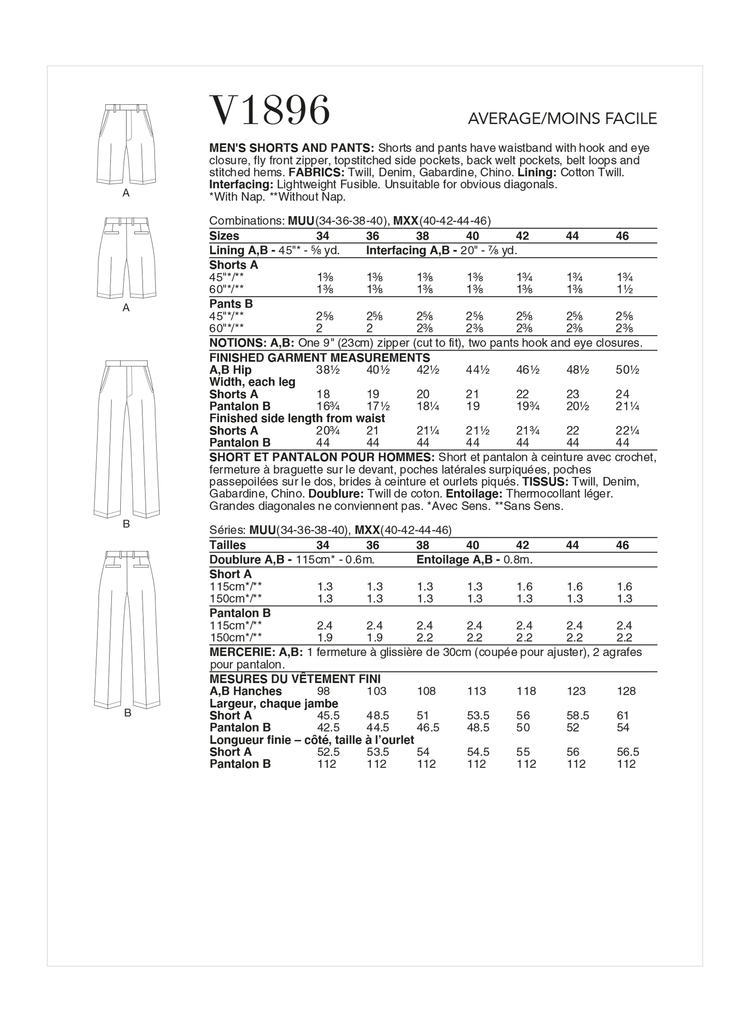 Vogue sewing pattern 1896 Men's Shorts and Trousers