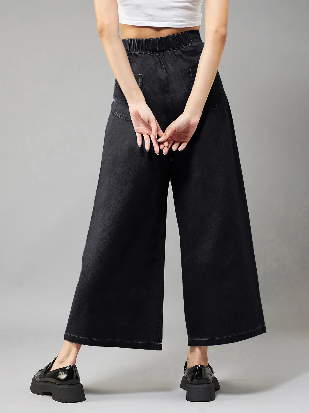 Women's Black Wide-Leg High Rise Light Weight Light Weight Culottes Pants