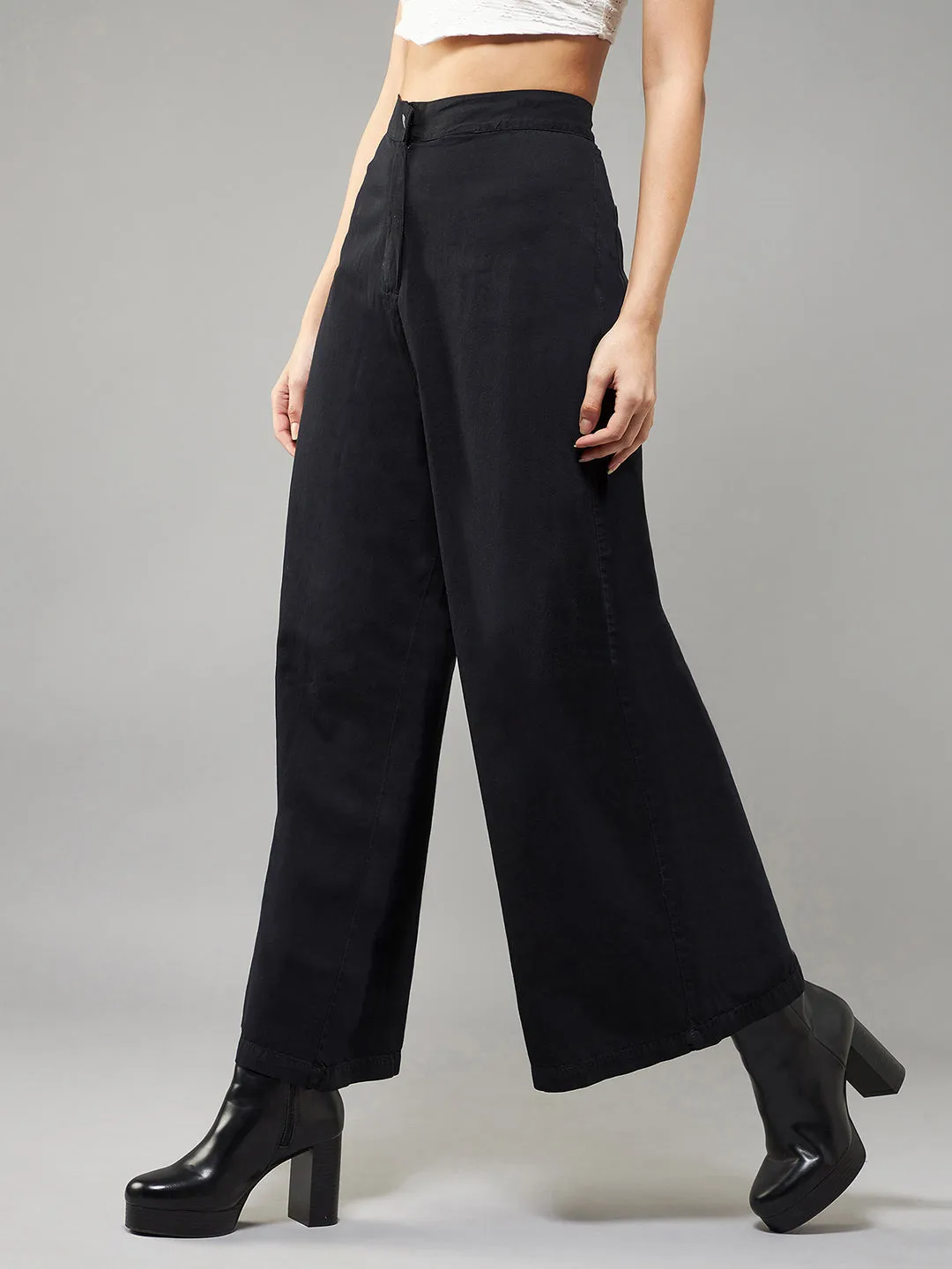 Women's Black Wide-Leg High Rise Light Weight Light Weight Culottes Pants