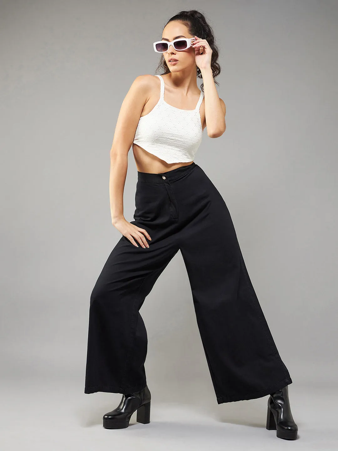 Women's Black Wide-Leg High Rise Light Weight Light Weight Culottes Pants