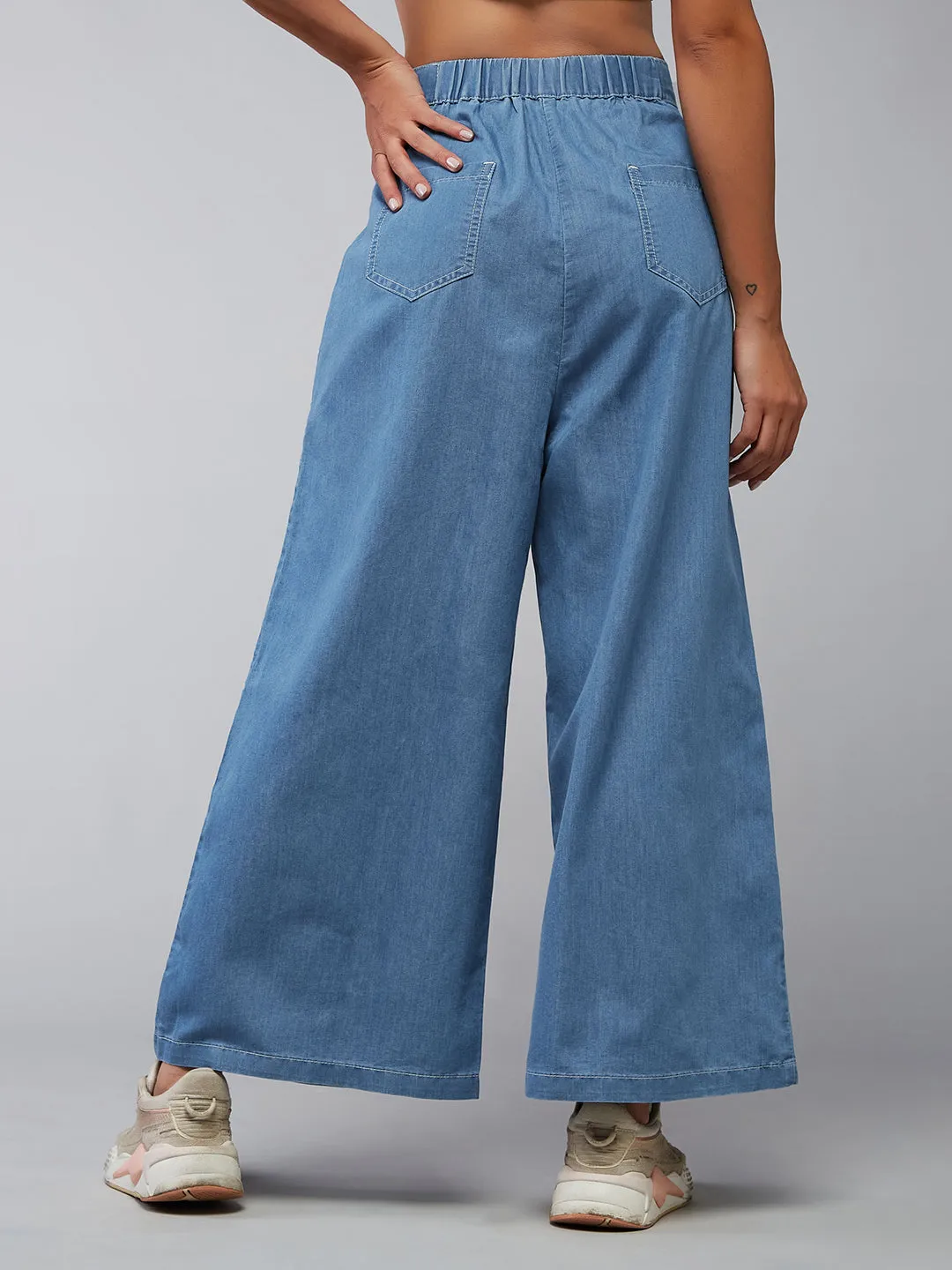 Women's Blue Flared Wide-Leg High Rise Light Weight Non Stretchable Denim Culottes Pants