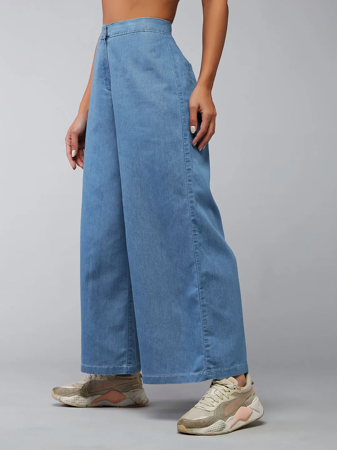 Women's Blue Flared Wide-Leg High Rise Light Weight Non Stretchable Denim Culottes Pants