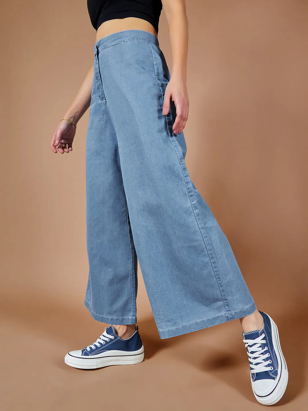 Women's Blue Flared Wide-Leg High Rise Non Stretchable Denim Culottes Pants