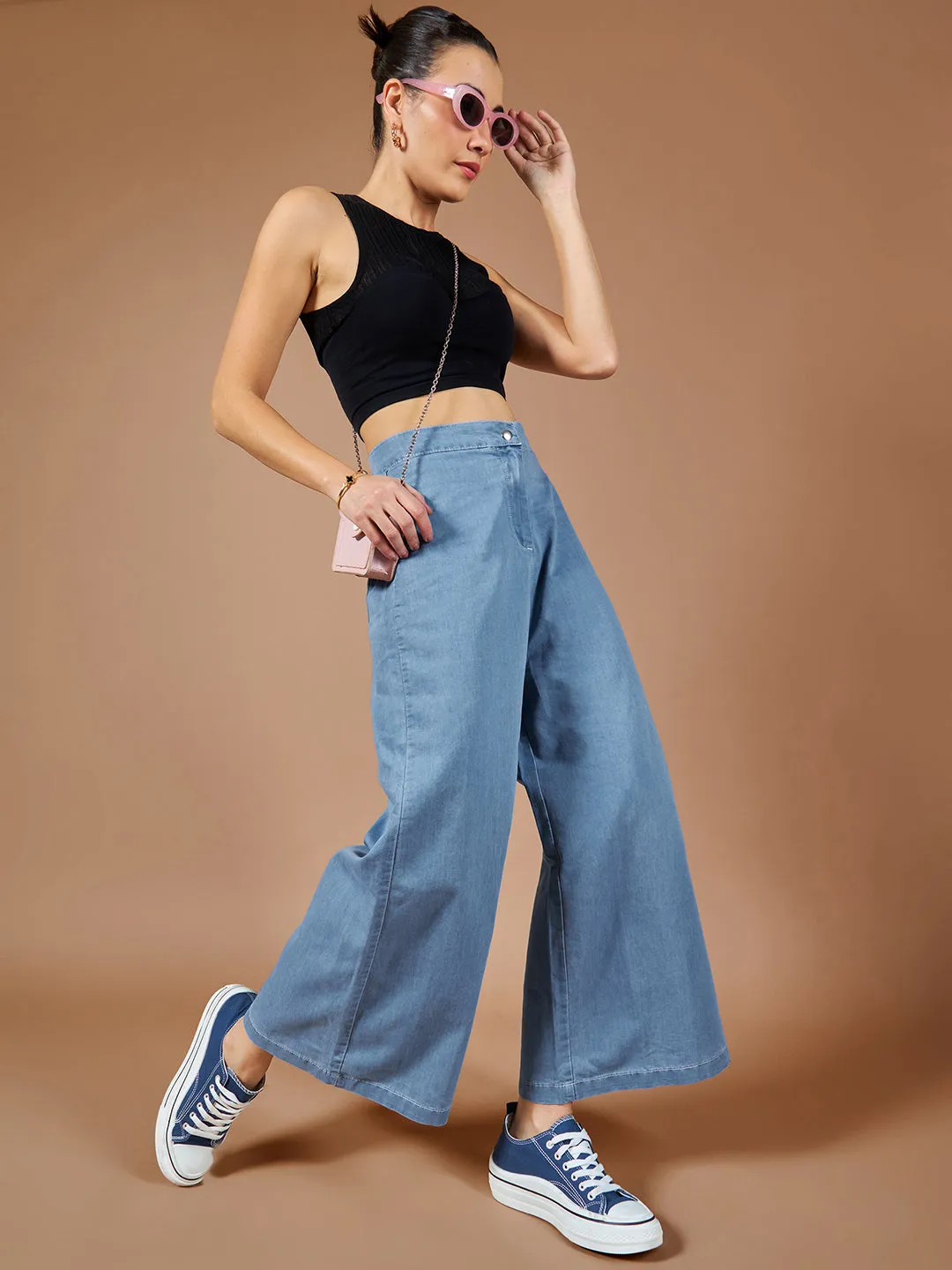 Women's Blue Flared Wide-Leg High Rise Non Stretchable Denim Culottes Pants