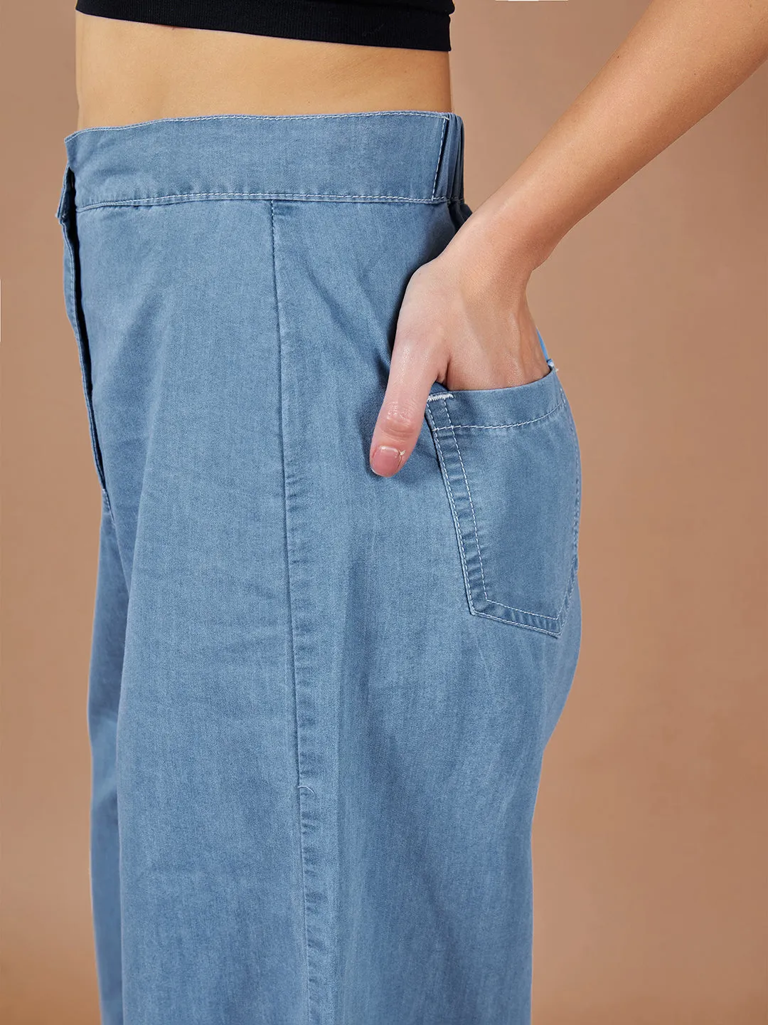 Women's Blue Flared Wide-Leg High Rise Non Stretchable Denim Culottes Pants