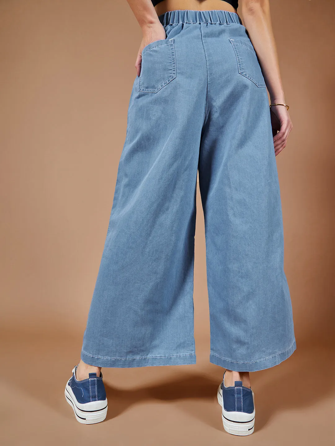 Women's Blue Flared Wide-Leg High Rise Non Stretchable Denim Culottes Pants