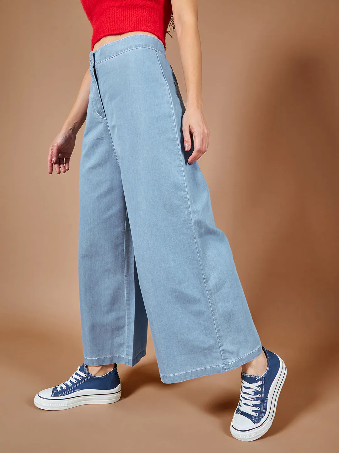 Women's Blue Wide-Leg High Rise Denim Culottes Pants