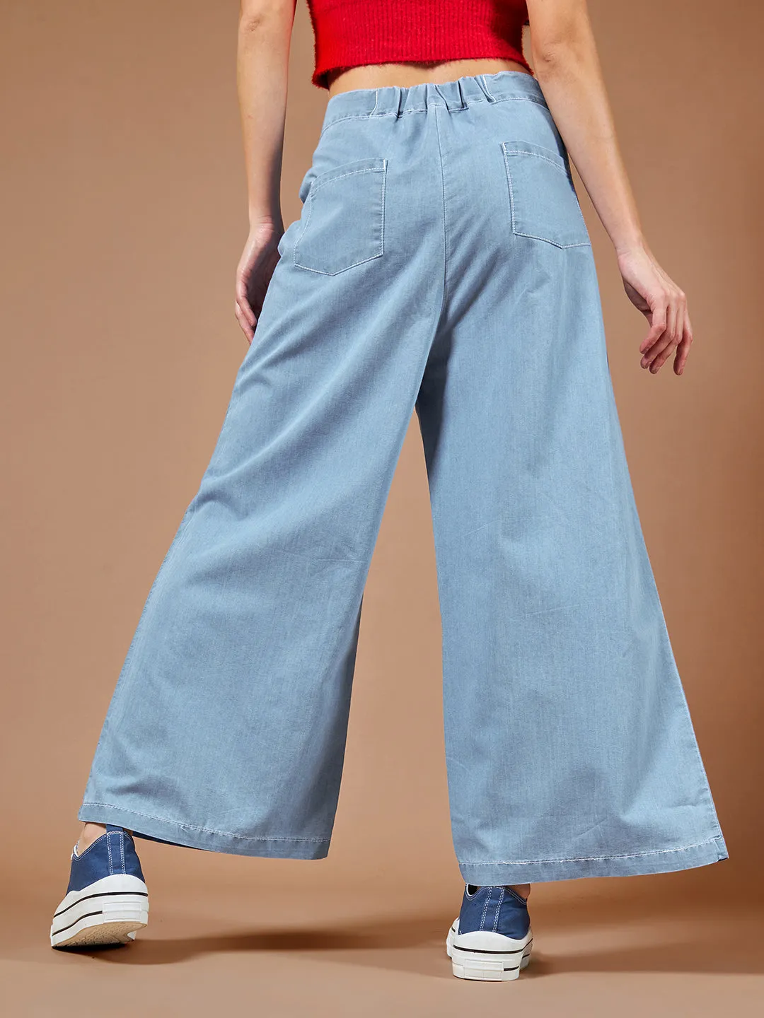Women's Blue Wide-Leg High Rise Denim Culottes Pants