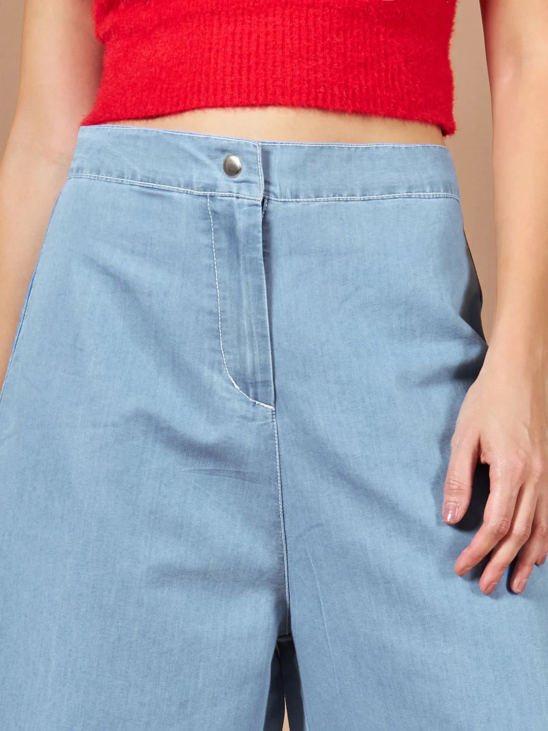 Women's Blue Wide-Leg High Rise Denim Culottes Pants