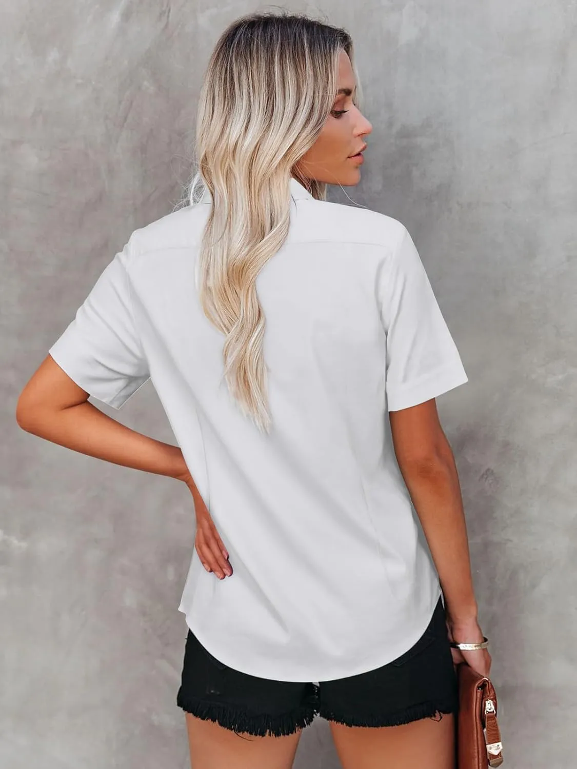 Womens Button Down Shirts Short Sleeve Fitted Button Up Dress Shirt Solid Collared Blouse Wrinkle Free Work Business Top