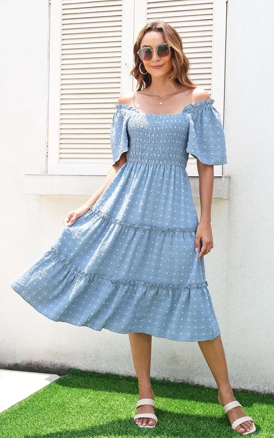 Women's Casual Summer Dress 2025 Square Neck Flutter Sleeve Smocked Tiered Midi Dress Swiss Dot Boho Flowy Dresses