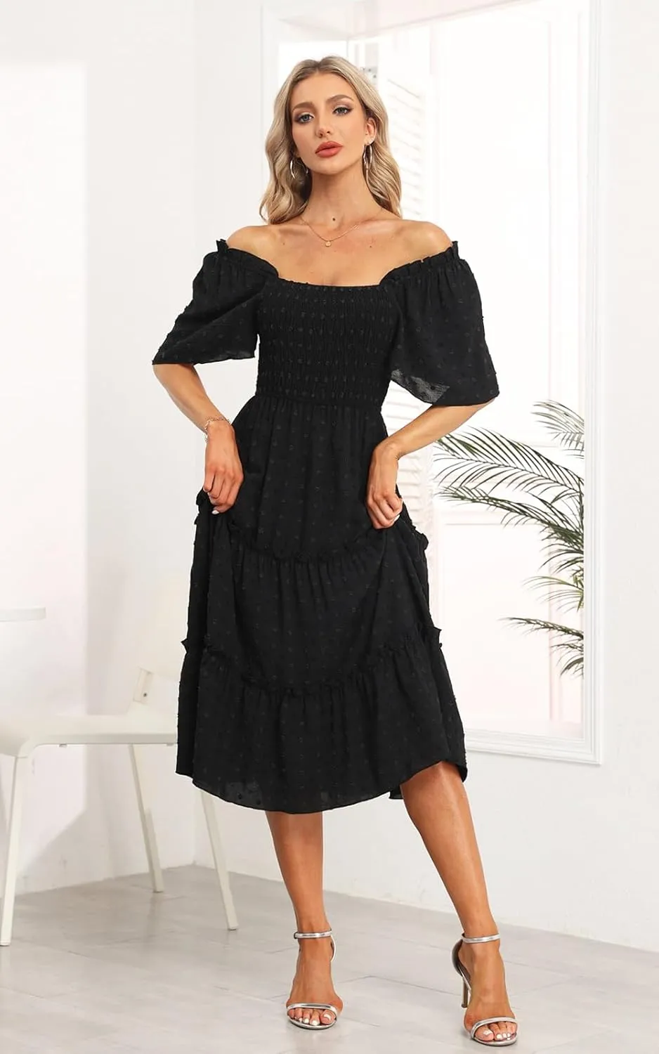 Women's Casual Summer Dress 2025 Square Neck Flutter Sleeve Smocked Tiered Midi Dress Swiss Dot Boho Flowy Dresses