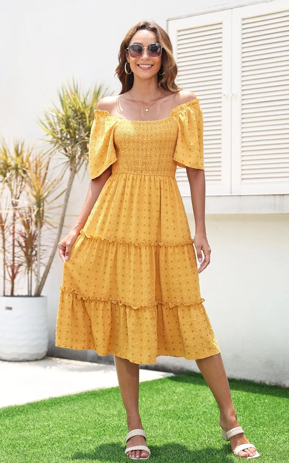 Women's Casual Summer Dress 2025 Square Neck Flutter Sleeve Smocked Tiered Midi Dress Swiss Dot Boho Flowy Dresses