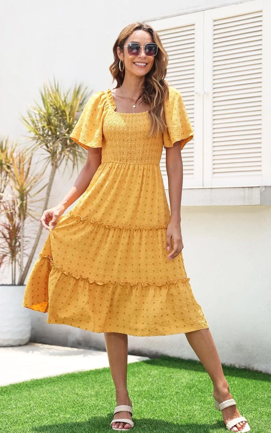 Women's Casual Summer Dress 2025 Square Neck Flutter Sleeve Smocked Tiered Midi Dress Swiss Dot Boho Flowy Dresses