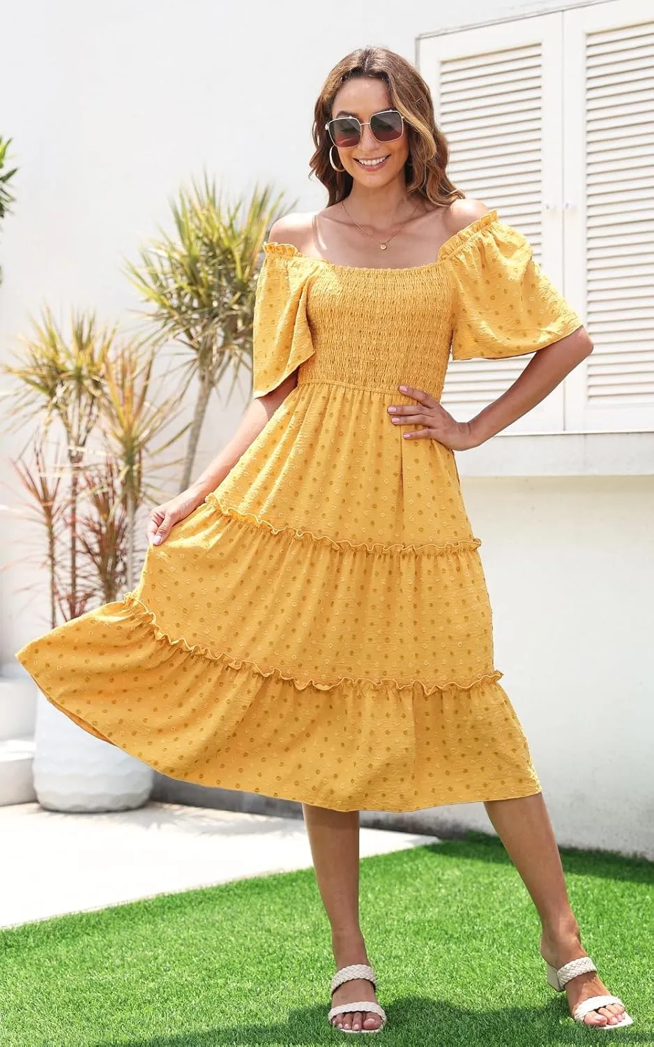Women's Casual Summer Dress 2025 Square Neck Flutter Sleeve Smocked Tiered Midi Dress Swiss Dot Boho Flowy Dresses