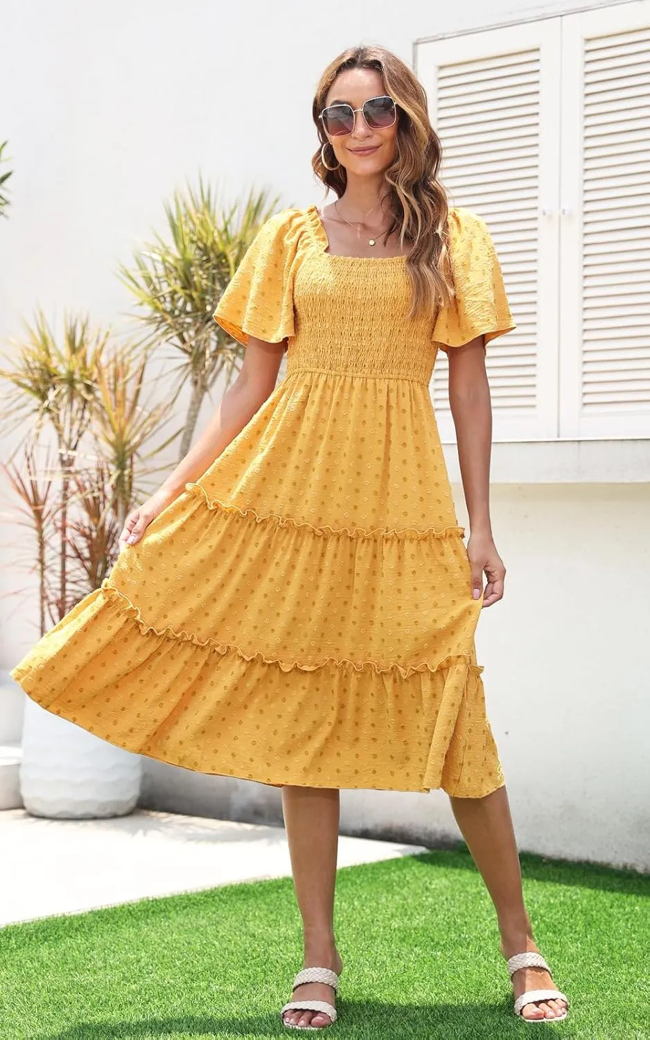 Women's Casual Summer Dress 2025 Square Neck Flutter Sleeve Smocked Tiered Midi Dress Swiss Dot Boho Flowy Dresses