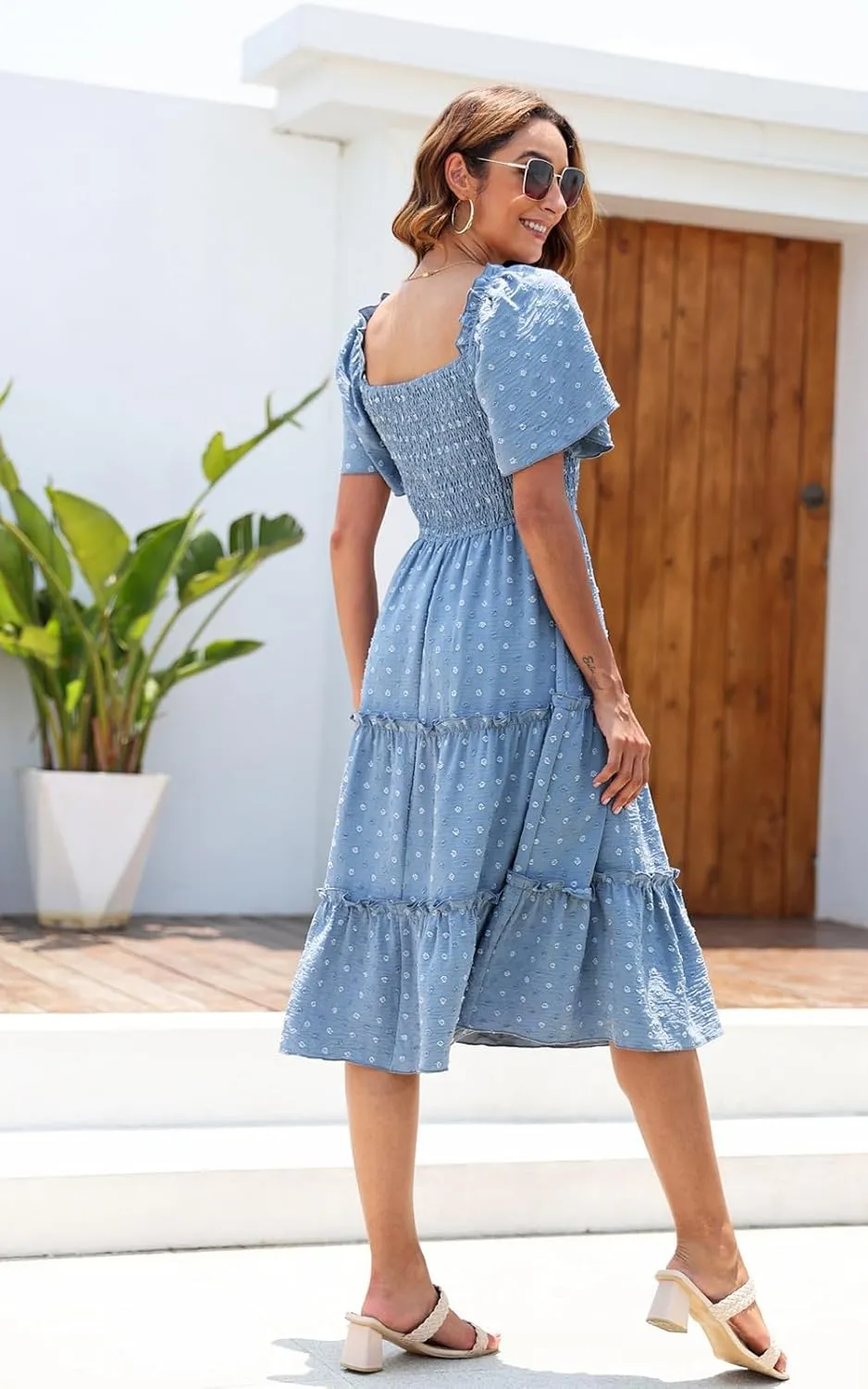 Women's Casual Summer Dress 2025 Square Neck Flutter Sleeve Smocked Tiered Midi Dress Swiss Dot Boho Flowy Dresses