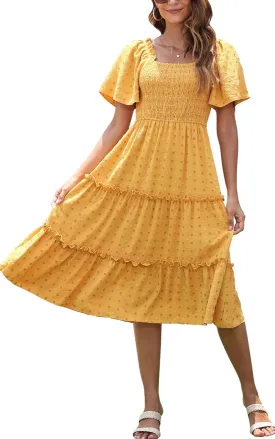 Women's Casual Summer Dress 2025 Square Neck Flutter Sleeve Smocked Tiered Midi Dress Swiss Dot Boho Flowy Dresses