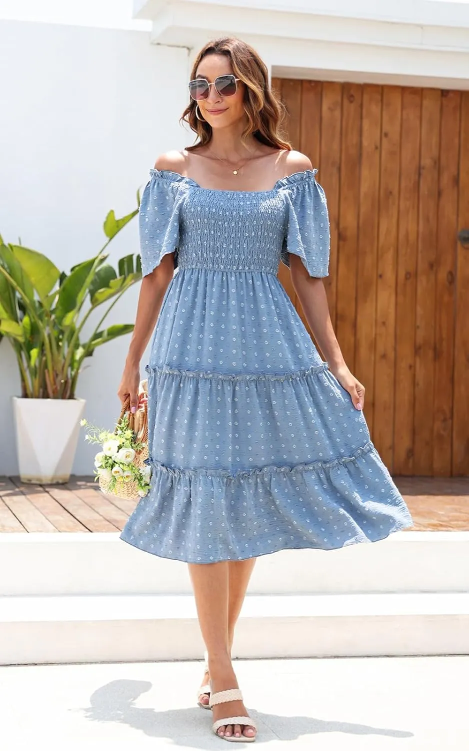 Women's Casual Summer Dress 2025 Square Neck Flutter Sleeve Smocked Tiered Midi Dress Swiss Dot Boho Flowy Dresses