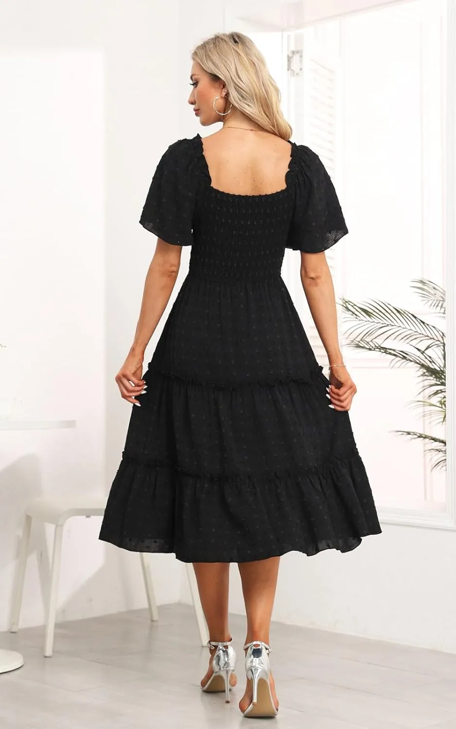 Women's Casual Summer Dress 2025 Square Neck Flutter Sleeve Smocked Tiered Midi Dress Swiss Dot Boho Flowy Dresses