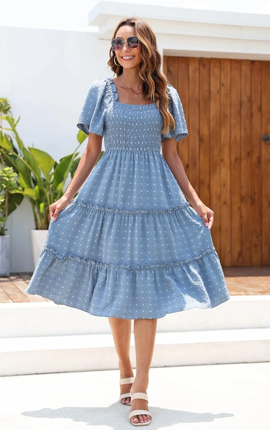 Women's Casual Summer Dress 2025 Square Neck Flutter Sleeve Smocked Tiered Midi Dress Swiss Dot Boho Flowy Dresses