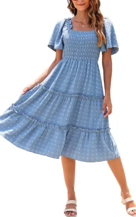 Women's Casual Summer Dress 2025 Square Neck Flutter Sleeve Smocked Tiered Midi Dress Swiss Dot Boho Flowy Dresses